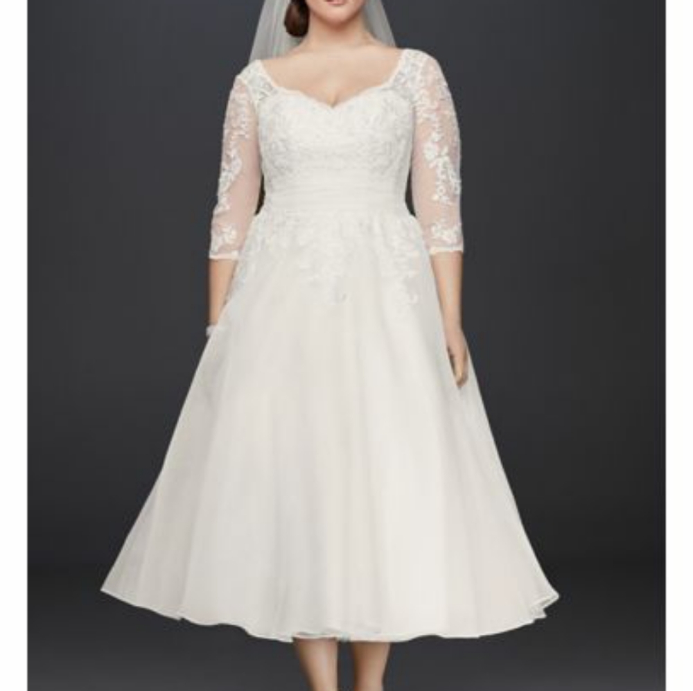 Oleg Cassini Elegant White Lace A-Line Tea-Length Dress
